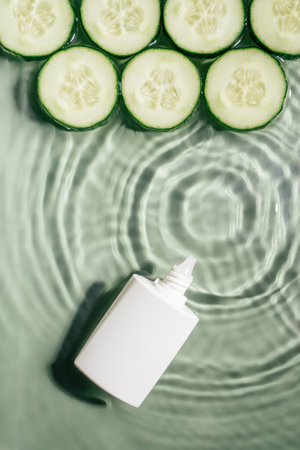 White beauty product cream vial tube bottle with rows of cucumber slices on surface of rippled transparent green water with fleck, wave, shadow. Concentric expanding circles from fallen drop. Verticalの写真素材