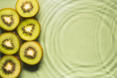 Kiwi slices lie on the surface of rippled transparent fresh green exhilarant water gel with flecks, waves, shadow. Concentric expanding circles on surface from fallen drop. health care. copy spaceの写真素材