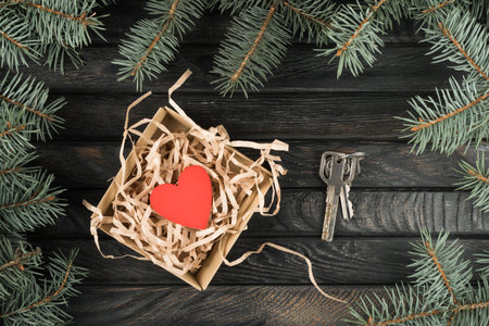 Natural open packaging paper box with red heart gift and metallic key in evergreen tree twigs...