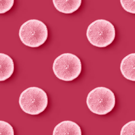 Citrus slices on magenta background seamless endless pattern. Color of the Year 2023 Viva Magenta....