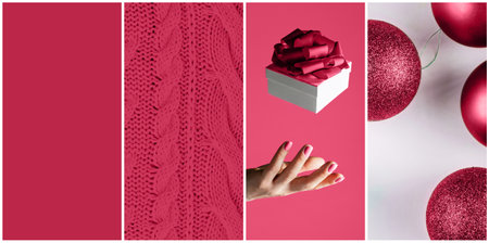 Color of the Year 2023 Viva Magenta. Collage palette on Christmas themes of three trendy carmine shade backgrounds. Knitted sweater, hand with gift, Christmas ballsの写真素材