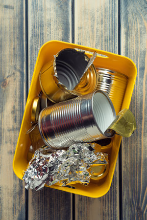 Yellow plastic container box full of metal foil waste, rubbish on wooden background. Global warming...
