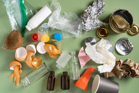 Pile of different of non sorted garbage of plastic, metal, organic, paper, glass on green studio...