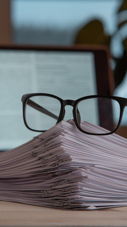 Composition of pile of papers sorted with paperclips, glasses near laptop on desk. Workspace, business technology, document, overworking, correspondence, information, paperwork management. Vertical.の写真素材