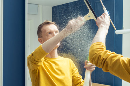 Middle aged man spray cleanser on room mirror and wipe splashes with plastic brush. Rub from dust...