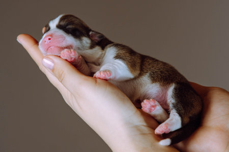 Cropped female hands carefully hold puppy of Welsh corgi dog on brown studio background. Tiny tricolor animal in hands. Pedigree dog breeding. Veterinarian hands, pet treatment and healthcareの写真素材