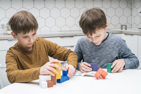 Smiling, concentrated little boys playing with colorful bricks, connect together, building figures on white table. Children reading rules and game tasks in book. Eco friendly games, plastic freeの写真素材