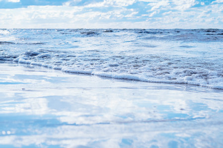 All shades of blue. Sea expanses under sky with white clouds.Meditation and relaxation. Interior paintings. Wonderful moments of life. Tourism and travel. Splendor of nature. Rest and pleasure.の写真素材