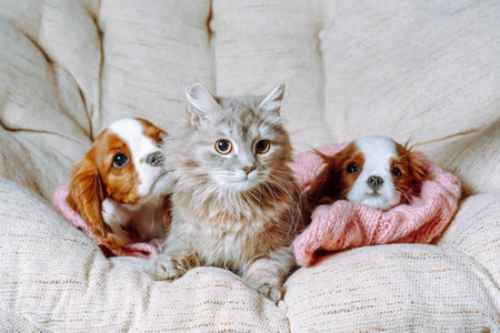 Three loveable friends quietly relaxing on light beige sofa in house. Wonderful grey cat with yellow...