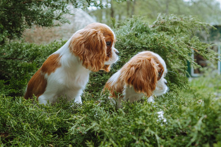 Portrait of couple of Cavalier King Charles Spaniel dogs with red and white fur relaxing together in coniferous tree outside. Funny puppies watching attractive things on ground on warm summer day.の写真素材