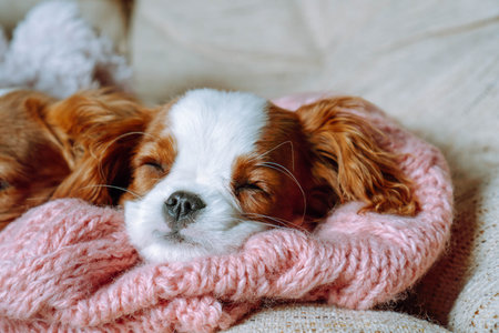 Portrait of sleeping puppy Cavalier King Charles Spaniel. Little one with red and white fur took nap on pink knitted blanket on soft bed. Sweet doggy close eyes and drift off in safe house.の写真素材