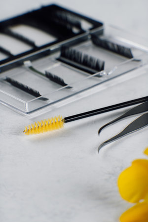 Professional materials and instruments for lash extension procedure, palette of black artificial...