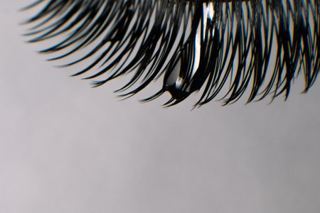 Close up of black artificial eyelashes with drop of water on cilia using for lash extension procedure hanging against light gray background, perfect for creating voluminous and glamorous look.の写真素材