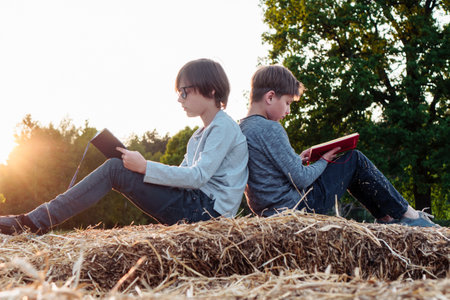 Intelligent boy with glasses and guy in dark gray longsleeve sitting back to back on bunch of hay in park and reading books. Two young students studying with textbooks among nature at sunset.の写真素材