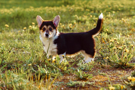 Portrait of cute little young brown white dog welsh pembroke corgi walking with raised tail on green grass in park yard on sunny day. Pet love, pet care, domestic animal, dog breeding, nature, summer.の写真素材