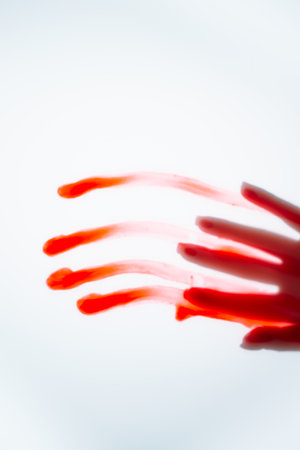 Hand of unrecognizable woman, smeared with red paint, leaving handprint on white background, creating art for Halloween. Lady conveying terrible and bloody atmosphere, making mark on wall. Vertical.の写真素材