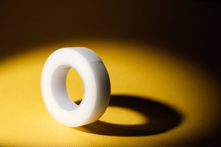 Elastic therapeutic tape- tape for cosmetology and medicine. Roll of white tape on yellow background. Beauty and fashion industry. tape. Beauty salon. MOCKUP.の写真素材