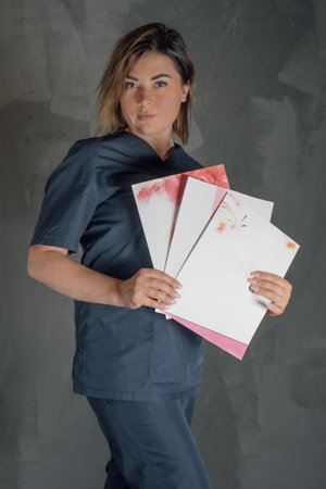 Woman with brown short hair holding three certificates in hand and pointing to documents standing against gray wall. Proud young professional in blue uniform demonstrating evidence. Vertical.の写真素材