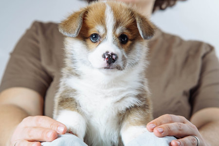 Portrait of cute brown white puppy of dog welsh pembroke corgi looking at camera, sitting on legs of unrecognizable woman wearing brown T-shirt, touching white paws. Pet love, pet care, ownership.の写真素材