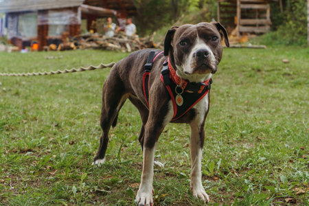 Charming American Staffordshire Terrier on leash, wearing pet harness, standing on green lawn on countryside yard and looking at camera. Medium sized doggy with brown-white coat walking near house.の写真素材