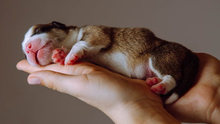Love and tenderness. Touching paws and nose are shown by newborn Welsh corgi puppy, who sleeps on palms of his mistress. Brown background. Keeping and feeding pets. Dog breeding. Veterinary care.の写真素材