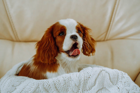 Cavalier King spaniel puppy yawns sweetly at home, sticking out his tongue, waking up at home in soft white knitted blanket. Color Blenheim. Breeding and rearing of puppies. Puppy food.の写真素材