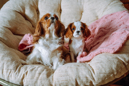 Mom and puppy cavalier King  spaniel comfortably settled on pink knitted blanket in chair at home. Puppy care. Pets. Blenheim. Breeding and rearing of puppies. Puppy food. Thoroughbred dogs.の写真素材