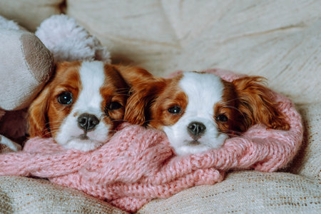 Purebred puppies. Two puppies cavalier King spaniel Blenheim color comfortably lie inchair on pink knitted scarf and look at camera. Breeding and rearing of puppies. Puppy food. Pets.の写真素材