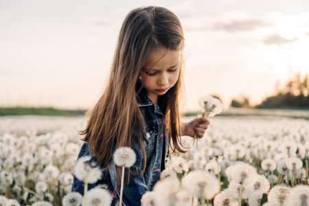 Focused little girl with brown long hair walking in meadow full of white dandelions, reaching down to pick flower and collecting bouquet. Kid in denim jacket holding posy of fluffy blowballs in hand.の写真素材
