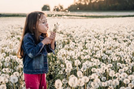 Little girl in denim jacket and pink trousers holding bouquet of white dandelions in hands and blowing flowers while standing surrounded by fluffy blowballs. Tassels of blooming flying through air.の写真素材