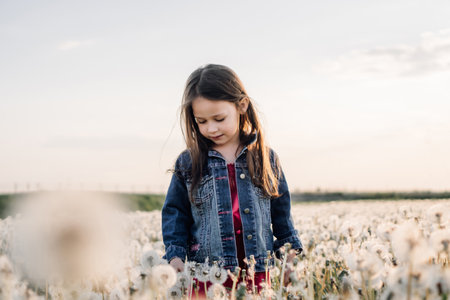 Delightful little girl in blue denim jacket over pink clothes standing in field surrounded by white dandelions and looking down admiring flowers. Kid with brown long hair enjoying nature over sky.の写真素材