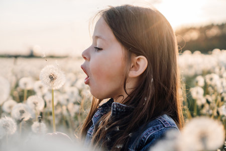 Delightful little lady standing in white dandelions field, taking deep breath and ready to blow fluffy flower. Girl in denim jacket walking in blooming meadow, making wish with plant in hand.の写真素材