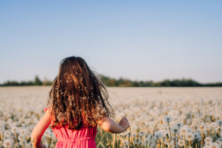 Rear view of happy little girl with brown hair running in meadow full of white and fluffy dandelions. Kid wearing pink light clothes enjoying vacation and spending active time in blooming.の写真素材