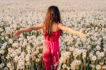 Rear view of little girl with brown long hair standing with arms wide open in field surrounded by huge amount of white dandelions. Happy kid in pink jumpsuit spending summer day enjoying blossoms.の写真素材