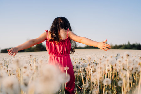 Rear view of female child in pink summer jumpsuit walking in field full of white dandelions with arms wide open. Little girl with dark hair looking down at blossoms and enjoying vacation.の写真素材