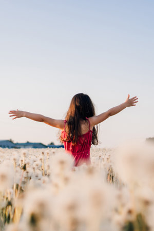 Rear view of little girl in pink light clothes standing in white dandelions meadow with arms wide open. Child with brown long hair enjoying sunny day in nature surrounded by blooming. Vertical.の写真素材