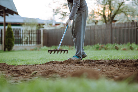 Unrecognizable adult man wearing gray tracksuit standing on green lawn and working soil with garden rake. Human with agricultural object in hands loosening land in yard near house.の写真素材