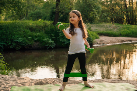 Strong little girl working out on sandy beach in front of lake in forest standing on green mat and holding small dumbbells in hands. Junior sportsman with mini band on legs lifting weights outdoor.の写真素材
