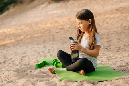 Charming little lady comfortable sitting on green sporty mat on sandy beach and holding bottle of water in hands. Brunette child looking at flask with liquid, small dumbbells lying near kid.の写真素材