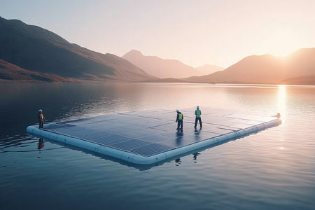 A team of engineers works diligently to construct a floating solar farm on a calm lake, surrounded by mountains. The sunset casts a warm glow over the innovative project.の素材