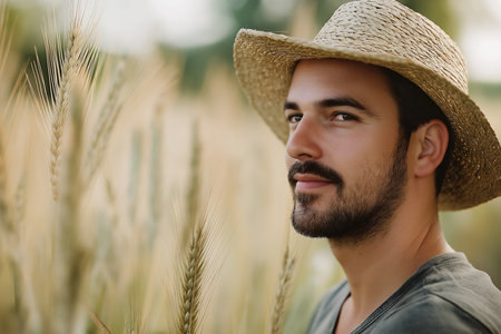 A farmer monitors crop health using advanced AI technology in a sustainable field during daylight hours. The lush crops showcase the blend of agriculture and innovation for better yields.の素材