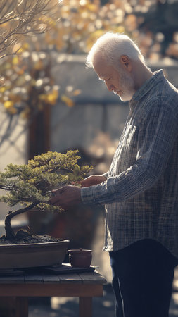 A senior man is focused on nurturing his bonsai trees in a peaceful garden. He carefully inspects each tree, showcasing his dedication to the art of bonsai cultivation during a sunny day.の素材