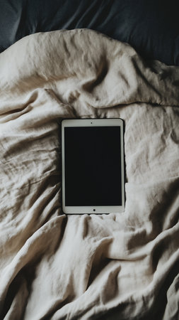 A modern tablet case lies on plush, light-colored bedding, showing its sleek design. The soft fabric creates an inviting atmosphere, highlighting the product's elegance and versatility.の素材