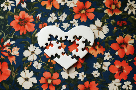 Delicate heart-shaped puzzle piece placed on vibrant floral fabric. The colors contrast beautifully, showing the artistry of the design. Ideal for representing love and creativity.の素材