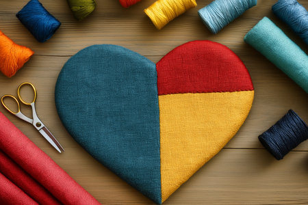 A flat lay of a heart shape made from fabric in teal, red, and yellow surrounded by spools of thread and scissors. This cozy crafting arrangement invites creativity and imagination.の素材