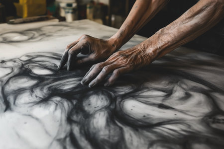 Hands covered in charcoal engage passionately with a large canvas, blending dark patterns into a captivating abstract piece. The artist's workspace is warm and inviting, filled with creativity.の素材