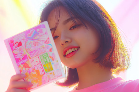 A young Asian woman stands outdoors, smiling as she admires a colorful notebook filled with designs.の素材