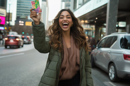 A young South Asian woman is smiling broadly while holding a colorful card. She stands in a bustling city street, surrounded by cars and modern buildings, enjoying the lively atmosphere.の素材