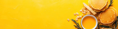 A vibrant assortment of breakfast favorites including pancakes waffles and a bowl of cereal arranged neatly against a bright yellow backdrop allowing for creative text placement above.の素材
