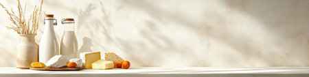 An assortment of dairy products includes milk bottles butter blocks and cheese wedges displayed on a soft cream background. The arrangement creates a welcoming fresh atmosphere.の素材